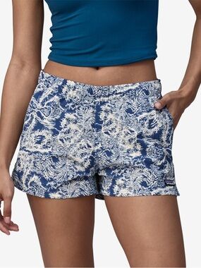 Patagonia Women's Barely Baggies 2.5 inch inseam Blue Printed Drawstring Shorts